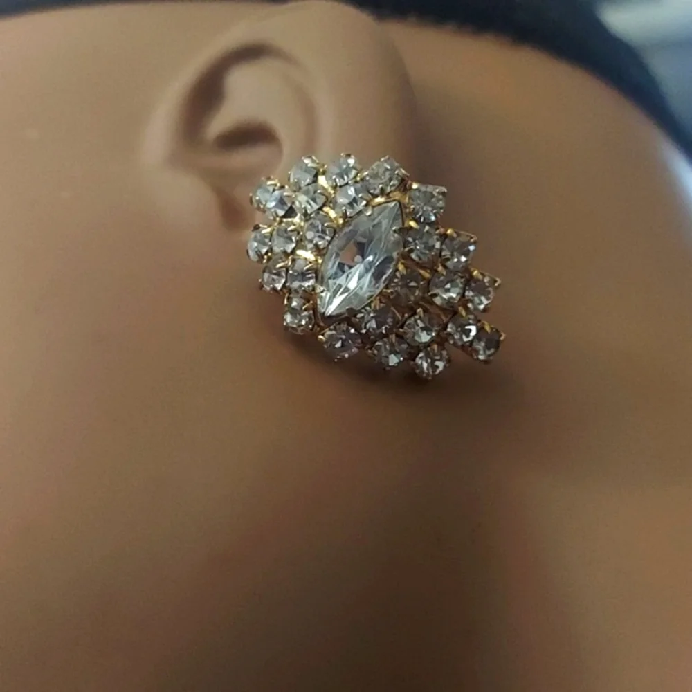 Estate Marquise Crystal Cluster Dome Gold Earrings
